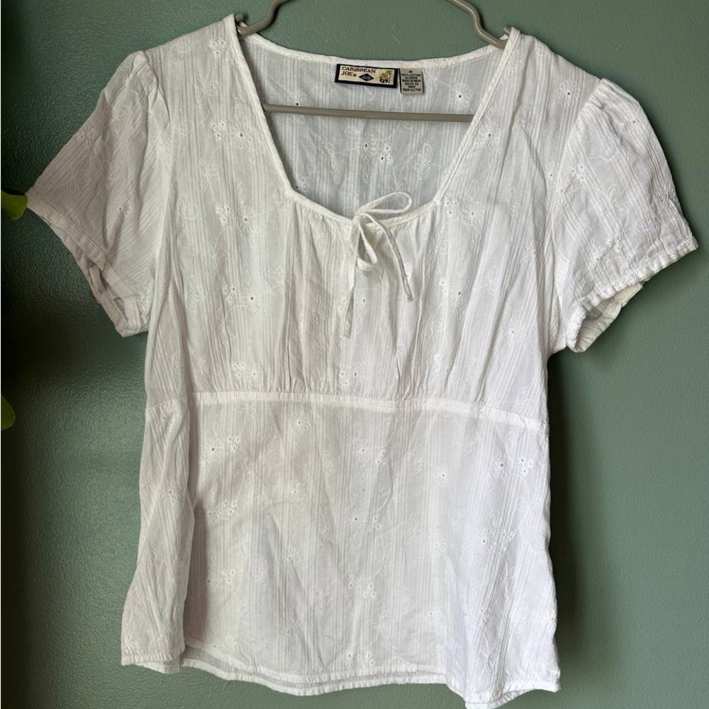 Caribbean Joe White Eyelet Peasant Top with Tie Neck (100% Cotton)